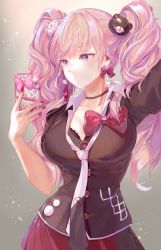 Rule 34 | 1girl, bear hair ornament, black necktie, blush, bow, bra, breasts, choker, cleavage, danganronpa: trigger happy havoc, danganronpa (series), ear bow, earrings, enoshima junko, gradient background, hair ornament, highres, holding, holding phone, jewelry, long hair, medium breasts, nail polish, necktie, orchid (pixiv3730518), parted lips, phone, pink eyes, pleated skirt, purple eyes, reaching, reaching towards viewer, red bow, red skirt, selfie, skirt, solo, twintails, underwear, white necktie