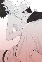 Rule 34 | 2boys, absurdres, black hair, blush, clothed male nude male, commentary, english commentary, evil smile, extra eyes, closed eyes, facial tattoo, fingernails, from side, fushiguro megumi, hand on another&#039;s head, hand on another&#039;s neck, highres, japanese clothes, jujutsu kaisen, kimono, leg tattoo, legs, long sleeves, looking at viewer, male focus, moaning, multiple boys, nail polish, nude, on person, red eyes, ryoumen sukuna (jujutsu kaisen), saucybrtt, scarf, sharp fingernails, short hair, sitting, sitting on person, smile, spiked hair, straddling, sweat, tattoo, tears, undercut, wide sleeves, yaoi