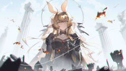 Rule 34 | 1girl, animal ears, arknights, black dress, blonde hair, breasts, chess piece, chinese commentary, cleavage, commentary request, dorothy (arknights), dorothy (hand of destiny) (arknights), dress, fire, from behind, from below, grey sky, hand up, headdress, highres, jewelry, knight (chess), long hair, looking at viewer, looking down, medium breasts, mouse ears, mouse girl, nanxianyiduan, necklace, outdoors, pawn (chess), pearl necklace, pillar, rook (chess), ruins, sky, solo, upper body, veil, weibo watermark, yellow eyes