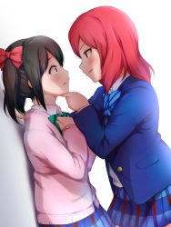 Rule 34 | 10s, 2girls, black hair, blazer, blue neckwear, blush, bow, bowtie, cardigan, clenched hand, commentary request, eye contact, face-to-face, green neckwear, hair bow, hand on another&#039;s chin, hand on own chest, highres, hitotsuki no yagi, jacket, kabedon, long sleeves, looking at another, love live!, love live! school idol project, medium hair, miniskirt, multiple girls, nishikino maki, otonokizaka school uniform, parted lips, pink cardigan, plaid, plaid skirt, pleated skirt, red bow, red hair, school uniform, skirt, smile, striped bow, striped bowtie, striped clothes, striped neckwear, sweatdrop, twintails, white background, yazawa nico, yuri