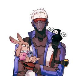 Rule 34 | 1boy, animal, animal on shoulder, animalization, artist name, bad id, bad twitter id, bird, bird on shoulder, black bodysuit, bodysuit, brown eyes, brown hair, cellphone, commentary request, crow, d.va (overwatch), english text, facepaint, facial mark, gloves, holding, holding phone, jacket, long sleeves, mask, mouth mask, open clothes, open jacket, overwatch, overwatch 1, panza, phone, rabbit, reaper (overwatch), red gloves, ribbed bodysuit, scar, short hair, simple background, skull mask, smartphone, soldier: 76 (overwatch), visor, whisker markings, white background, white hair