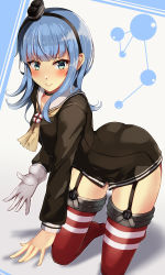 Rule 34 | 1girl, alternate costume, amatsukaze (kancolle), amatsukaze (kancolle) (cosplay), blue hair, blush, brown dress, closed mouth, cosplay, dress, gloves, hat, hatsukaze (kancolle), highres, kantai collection, long hair, mini hat, narrow waist, natsu narumi, no pants, red thighhighs, sailor dress, short dress, single glove, solo, striped clothes, striped thighhighs, thighhighs, thighs