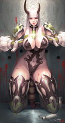 Rule 34 | 10s, 1girl, bare shoulders, blade &amp; soul, blood, breasts, gloves, highres, huge breasts, hyulla, kneeling, lips, long hair, looking at viewer, navel, red eyes, silver hair, smile, solo, thick thighs, thighs