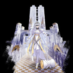 Rule 34 | 1girl, black background, black blindfold, blindfold, brooch, building, castle, chain, checkered floor, crossed bangs, dress, elbow gloves, facing viewer, fuann, full body, gloves, grey hair, hair between eyes, hammer, highres, holding, holding hammer, jewelry, long hair, nun, original, pantyhose, parted lips, pointy ears, puffy short sleeves, puffy sleeves, railing, sash, shoes, short sleeves, solo, standing, tiara, torn clothes, veil, waist cape, war hammer, weapon, white dress, white footwear, white gloves, white pantyhose, yellow gemstone, yellow sash