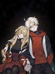 Rule 34 | 1boy, 1girl, ahoge, black background, blonde hair, commission, hand in pocket, head tilt, high-waist skirt, high collar, highres, holding hands, hood, hood down, hoodie, jacket, jacket partially removed, leaning on person, long hair, looking at viewer, multicolored hair, original, pantyhose, ribbon, scratches, short hair, sitting, skirt, smile, sottan (wowo0owow), streaked hair, turtleneck, wavy hair, white hair, yellow eyes