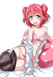 Rule 34 | 1girl, bed sheet, black pantyhose, blush, bra, breasts, clothes down, clothes pull, collarbone, commentary request, dress shirt, green eyes, kurosawa ruby, long sleeves, looking at viewer, love live!, love live! sunshine!!, no pants, open clothes, open mouth, open shirt, panties, pantyhose, pantyhose pull, pillow, pink bra, pink panties, polka dot pillow, reclining, red hair, shirt, short hair, small breasts, solo, striped bra, striped clothes, striped panties, two side up, underwear, white background, white shirt, yopparai oni