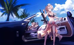 Rule 34 | 2girls, bikini, bikini top only, black bikini, blonde hair, blouse, blue eyes, blue sky, braid, breasts, car, car interior, cleavage, cloud, cup, day, eyewear on head, flower, g36 (50 days with g36) (girls&#039; frontline), g36 (girls&#039; frontline), girls&#039; frontline, gun, hair flower, hair ornament, highres, koh (minagi kou), long hair, looking at another, medium breasts, motor vehicle, multiple girls, official alternate costume, open clothes, open door, open shirt, outdoors, palm tree, ponytail, sarong, shirt, short hair, sitting, sky, standing, sunglasses, swimsuit, tree, weapon, welrod mkii (girls&#039; frontline)