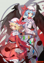 Rule 34 | 2girls, :d, artist name, bat wings, blonde hair, blue hair, blush, bow, bowtie, cowboy shot, flandre scarlet, frilled sleeves, frills, gd (indan), grey background, hat, hat ribbon, highres, long hair, long sleeves, looking at viewer, mob cap, multiple girls, one side up, open mouth, petticoat, planted, planted sword, planted weapon, red eyes, red neckwear, red ribbon, red sash, red shirt, red skirt, remilia scarlet, ribbon, sash, shirt, short hair, siblings, sisters, skirt, skirt set, smile, standing, sword, touhou, weapon, white headwear, white shirt, white skirt, wide sleeves, wings