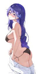 Rule 34 | 1girl, absurdres, ass, black bra, black panties, blue flower, blush, bra, breasts, closed mouth, covered erect nipples, flower, from side, genshin impact, hair flower, hair ornament, highres, large breasts, long hair, looking at viewer, mole, mole under eye, panties, purple eyes, purple hair, purple nails, raiden shogun, raised eyebrows, side-tie panties, simple background, solo, strap gap, underwear, undressing, untied panties, vincent leo, white background
