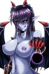Rule 34 | 1girl, :q, black sclera, blue skin, blush, breasts, claws, colored sclera, colored skin, demon (monster girl encyclopedia), demon girl, demon wings, energy, energy ball, highres, horns, large breasts, licking lips, long hair, looking at viewer, monster girl, monster girl encyclopedia, monster girl encyclopedia ii, navel, nipples, nude, pointy ears, purple hair, red eyes, sanmoto gorouzaemon, simple background, slit pupils, solo, tongue, tongue out, upper body, white background, wings