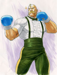 Rule 34 | 1boy, alex louis armstrong, alternate costume, blue eyes, boxing gloves, capcom, cosplay, dudley, dudley (cosplay), facial hair, fullmetal alchemist, gloves, gorigo, gradient background, graphite (medium), highres, male focus, manly, marker (medium), motion blur, muscular, muscular male, mustache, solo, sparkle, street fighter, street fighter iii (series), street fighter iv (series), thighs, traditional media