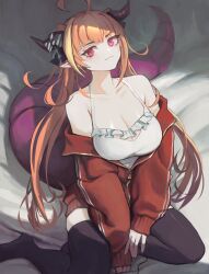 Rule 34 | 1girl, absurdres, ahoge, bare shoulders, black thighhighs, blonde hair, bow, breasts, camisole, cleavage, cleavage cutout, closed mouth, clothing cutout, collarbone, diagonal-striped bow, dragon girl, dragon horns, dragon tail, fang, frilled camisole, frills, hair ribbon, highres, hololive, horn bow, horn ornament, horns, jacket, kiryu coco, kiryu coco (loungewear), large breasts, light smile, long hair, long sleeves, looking at viewer, multicolored hair, no shoes, off shoulder, official alternate costume, open clothes, open jacket, orange hair, partially unzipped, pink eyes, pointy ears, red jacket, ribbon, sidelocks, sitting, skin fang, solo, spaghetti strap, streaked hair, striped, striped bow, tail, thighhighs, track jacket, twintails, vertigris, virtual youtuber, white camisole, yokozuwari, zipper, zipper pull tab