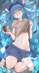 Rule 34 | 1girl, absurdres, barefoot, blue bow, blue eyes, blue hair, blue skirt, blush, bow, bowl, grey hoodie, groin, hair between eyes, hair bow, highres, holding, holding bowl, hood, hoodie, long hair, navel, open mouth, short sleeves, skirt, solo, touhou, tsune (tune), yorigami shion