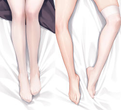 Rule 34 | 1girl, barefoot, bed sheet, commentary request, dakimakura (medium), head out of frame, legs, mignon, on bed, original, sarah-san (mignon), single thighhigh, thighhighs, toes, white thighhighs