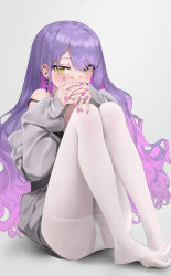Rule 34 | 1girl, blush, colored inner hair, colored tips, covered mouth, cross, cross earrings, ear piercing, earrings, full body, grey background, highres, hololive, interlocked fingers, jewelry, knees together feet apart, korogoro (mago0057), legs, long hair, long sleeves, looking at viewer, multicolored hair, nail polish, off shoulder, panties, panties under pantyhose, pantyhose, piercing, pink hair, pink nails, purple hair, simple background, sitting, sleeves past wrists, slit pupils, solo, strap slip, swept bangs, thighs, tokoyami towa, two-tone hair, underwear, very long hair, virtual youtuber, white pantyhose, yellow eyes