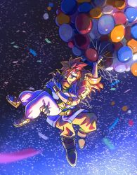 Rule 34 | 1boy, 1girl, armlet, balloon, bare shoulders, blue tunic, boots, bracer, carrying, chrono trigger, confetti, crono (chrono trigger), emi-bianchi, full body, gold trim, grin, headband, highres, holding, holding balloon, jewelry, marle (chrono trigger), necklace, open mouth, orange hair, orange pants, orange scarf, pants, pendant, ponytail, princess carry, red hair, sandals, scarf, shirt, smile, spiked hair, strapless, teeth, tube top, white headband, white pants, white shirt