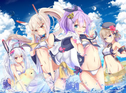 Rule 34 | 4girls, ;d, adapted costume, alternate costume, animal ears, aruka (alka p1), ayanami (azur lane), azur lane, bare shoulders, beret, bikini, blonde hair, blue eyes, blue sky, blush, bow, breasts, brown eyes, choker, cloud, cloudy sky, commentary request, cross, crown, day, double v, fake animal ears, floating hair, gloves, green eyes, hair between eyes, hair bow, hair ornament, hair ribbon, hairband, hairclip, hat, headgear, high ponytail, highres, in water, innertube, iron cross, javelin (azur lane), laffey (azur lane), long hair, looking at viewer, manjuu (azur lane), medium breasts, midriff, mini crown, multiple girls, navel, ocean, one eye closed, open mouth, ponytail, purple hair, rabbit ears, retrofit (azur lane), revision, ribbon, sarong, short hair, sidelocks, sky, small breasts, smile, stomach, swim ring, swimsuit, twintails, v, very long hair, wading, wet, wind, z23 (azur lane)
