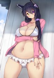 Rule 34 | 10s, 1girl, alternate hair length, alternate hairstyle, bikini, breast hold, breasts, cleavage, collarbone, eyepatch, headgear, highres, jewelry, kantai collection, large breasts, light smile, long hair, looking at viewer, looking down, navel, purple hair, ring, solo, stomach, swimsuit, tenryuu (kancolle), yellow eyes, yuzumiya mono