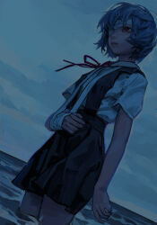 Rule 34 | 1girl, absurdres, arm at side, arm sling, ayanami rei, bandaged arm, bandaged head, bandages, black dress, blue hair, blue sky, cowboy shot, dress, dutch angle, expressionless, highres, horizon, looking ahead, neck ribbon, neon genesis evangelion, one eye covered, outdoors, pinafore dress, red eyes, ribbon, school uniform, shirt, short hair, short sleeves, sky, sleeveless, sleeveless dress, solipsist, solo, standing, tokyo-3 middle school uniform, wading, water, white shirt, wind