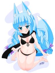 Rule 34 | 1girl, :p, animal ear fluff, animal ears, bare arms, bare legs, bare shoulders, barefoot, bikini, black bikini, black scarf, blue eyes, blue hair, blush, bow, breasts, commentary request, fox ears, front-tie bikini top, front-tie top, full body, groin, hair bow, highres, kanijiru, long hair, looking at viewer, medium breasts, navel, original, purple background, purple bow, scarf, side-tie bikini bottom, sitting, solo, swimsuit, tongue, tongue out, two-tone background, very long hair, wariza, white background