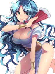 Rule 34 | &gt;:), 1girl, 8931ponzu, aqua eyes, bare legs, bare shoulders, barefoot, blue dress, blue hair, bracer, breasts, cleavage, closed eyes, closed mouth, dress, folding fan, hand fan, holding, holding fan, large breasts, long hair, looking at viewer, madou monogatari, no panties, pelvic curtain, puyopuyo, rulue (puyopuyo), sash, side slit, simple background, smile, solo, v-shaped eyebrows, very long hair, wavy hair, white background