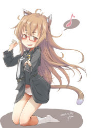 Rule 34 | 1girl, absurdres, animal ears, black serafuku, black skirt, brown hair, cat ears, cat tail, commentary request, crescent, crescent pin, eighth note, fyuo, glasses, highres, kantai collection, kemonomimi mode, kneeling, lifted by self, long hair, mochizuki (kancolle), musical note, necktie, panties, red-framed eyewear, school uniform, serafuku, simple background, skirt, socks, solo, spoken musical note, tail, underwear, white background, white necktie, white panties, white socks