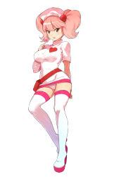Rule 34 | 1girl, bandages, belt, belt pouch, boots, breasts, candy, dress, food, hair bobbles, hair ornament, headdress, heart, highres, large breasts, lollipop, milk, milk (pop&#039;n music), naso4, nurse, original, panties, pantyshot, personification, pink hair, platform footwear, pop&#039;n music, pouch, saliva, saliva trail, short dress, short twintails, solo, thigh boots, thighhighs, twintails, underwear, white dress, white panties, white thighhighs