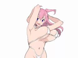 Rule 34 | 1girl, 2t (tanakatakuto), animated, armpits, arms behind back, arms up, bikini, blush, bouncing breasts, breasts, closed mouth, dancing, hair between eyes, huge breasts, long hair, looping animation, lowres, navel, original, pink hair, purple eyes, simple background, solo, swimsuit, tagme, twintails, video, white bikini