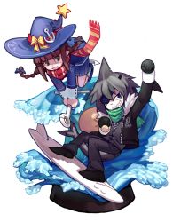 Rule 34 | 1boy, 1girl, absurdres, anchor, anchor hat ornament, anchor necklace, anchor ornament, arm up, black footwear, black gloves, black jacket, blue bow, blue eyes, blue headwear, blush stickers, bow, braid, brown hair, clenched hand, dress, eyepatch, fins, fish tail, funamusea, fur-trimmed jacket, fur trim, gloves, green scarf, grey eyes, grey hair, grin, hair bow, hat, hat bow, hat ornament, highres, holding, holding sack, jacket, jewelry, knifedragon, long hair, necklace, oounabara to wadanohara, open clothes, open jacket, open mouth, red scarf, sack, sailor dress, scar, scarf, shark boy, shark fin, shark tail, sharp teeth, smile, star (symbol), striped, surfboard, surfing, tail, teeth, twin braids, wadanohara, water, waving, witch, witch hat, yellow bow, zipper
