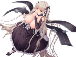 Rule 34 | 1girl, awa yume, azur lane, between breasts, black dress, black nails, black ribbon, blunt bangs, breasts, commentary request, dress, formidable (azur lane), from above, hair ribbon, highres, large breasts, long hair, looking at viewer, nail polish, nipples, red eyes, ribbon, simple background, solo, twintails, two-tone dress, two-tone ribbon, very long hair, white background, white dress, white ribbon