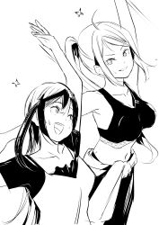 Rule 34 | 2girls, absurdres, breasts, clothes around waist, collarbone, commentary request, greyscale, highres, jacket, jacket around waist, long hair, looking at another, love live!, love live! nijigasaki high school idol club, medium breasts, midriff, monochrome, motion lines, multiple girls, navel, one side up, open mouth, pants, ponytail, shirt, short sleeves, sidelocks, smile, sparkle, sports bra, standing, stretching, sweat, tommer, upper body, v-shaped eyebrows, white background, yuki setsuna (love live!), zhong lanzhu