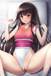 Rule 34 | 1girl, alternate costume, azure-maya, bare shoulders, barefoot, bed, belt, black hair, blush, breasts, censored, clothing aside, frills, heart, highres, houraisan kaguya, long hair, looking at viewer, lying, medium breasts, missionary, mosaic censoring, on back, one-piece swimsuit, open mouth, pillow, pink belt, pink one-piece swimsuit, pov, pussy, red eyes, smile, solo, speech bubble, spread legs, swimsuit, textless version, touhou, touhou tag dream, white one-piece swimsuit, wrestling outfit