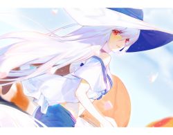 Rule 34 | 1girl, absurdres, arknights, blue hat, blue shorts, blue sky, closed mouth, commentary request, dutch angle, fish, from side, fui (fui29493452), hat, highres, light smile, long hair, looking at viewer, looking to the side, midriff, off-shoulder shirt, off shoulder, official alternate costume, outdoors, red eyes, shirt, shorts, skadi (arknights), skadi (waverider) (arknights), sky, solo, sun hat, white hair, white shirt
