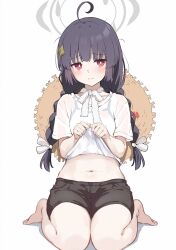 Rule 34 | 1girl, ahoge, bikini, bikini under clothes, black hair, blue archive, braid, breasts, bright pupils, brown shorts, casual, choker, closed mouth, clothes lift, frilled ribbon, frills, frown, full body, grey halo, hair ribbon, halo, hat, hat on back, highres, leaf, leaf on head, lifting own clothes, midriff, miyu (blue archive), miyu (swimsuit) (blue archive), navel, rabbit, rabbit charm, rauto, red eyes, ribbon, ribbon choker, see-through, see-through shirt, seiza, shirt, shirt lift, short shorts, shorts, simple background, sitting, small breasts, steepled fingers, straw hat, swimsuit, twin braids, wavy mouth, wet, wet clothes, wet shirt, white background, white pupils, white ribbon, white shirt