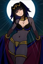 Rule 34 | 1girl, akairiot, black eyes, black hair, blunt bangs, bodystocking, breasts, cape, cleavage, closed mouth, covered navel, fire emblem, fire emblem awakening, full moon, gold, gold bracelet, head tilt, highres, jewelry, large breasts, looking at viewer, moon, neck ring, night, night sky, nintendo, pelvic curtain, skin tight, sky, smile, solo, tharja (fire emblem), thighlet, tiara, two side up
