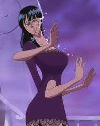 Rule 34 | 1girl, absalom, arms behind back, black hair, blue eyes, blunt bangs, breasts, cowboy shot, dress, extra arms, female focus, fog, hair over shoulder, hana hana no mi, hetero, invisible man, large breasts, licking, licking another&#039;s face, licking breast, lowres, nico robin, nose, one eye closed, one piece, open mouth, purple background, purple dress, pushing, teeth, tsurime, upper teeth only