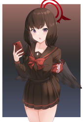 Rule 34 | 1girl, absurdres, armband, black hair, black serafuku, black shirt, black skirt, blue archive, border, bow, breasts, cellphone, collarbone, cowboy shot, gohan oni, halo, hand up, highres, holding, holding phone, looking at viewer, mashiro (blue archive), medium hair, open mouth, phone, purple eyes, red armband, red bow, red neckwear, sailor collar, school uniform, serafuku, shirt, skirt, smartphone, solo, two-tone background, white border, winged halo, wings