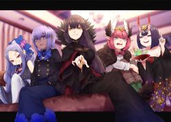 Rule 34 | 5girls, black cape, black dress, black hair, black kimono, blue dress, blue eyes, blue hair, blue neckwear, blurry, bow, bowtie, breasts, brown footwear, brown hair, cape, circe (fate), collarbone, commentary request, couch, cup, dark-skinned female, dark skin, depth of field, diadem, dress, earrings, fate/apocrypha, fate/grand order, fate/prototype, fate/prototype: fragments of blue and silver, fate (series), floral print, from below, green legwear, grimace, hair between eyes, hair bow, hair ornament, hassan of serenity (fate), head tilt, head wings, highres, horns, hugging own legs, index finger raised, indoors, japanese clothes, jewelry, kimono, letterboxed, light purple hair, long hair, long sleeves, looking at viewer, medium breasts, multiple girls, nail polish, necklace, off shoulder, pantyhose, parted bangs, pink hair, ponytail, purple eyes, reaching, reaching towards viewer, red eyes, red nails, sakazuki, semiramis (fate), shirt, short hair, shuten douji (fate), sitting, skin-covered horns, skull necklace, smile, trait connection, tunic, very long hair, white legwear, white shirt, wings, wu zetian (fate), yellow eyes, yuurei447