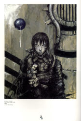 Rule 34 | 1boy, against wall, armor, balloon, black bodysuit, black hair, blame!, blame and so on, bodysuit, building, expressionless, highres, industrial pipe, killy, looking at viewer, male focus, nihei tsutomu, ruins, scar, solo, uniform, upper body, wire