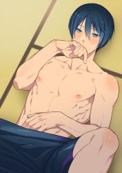 Rule 34 | 10s, 1boy, black hair, black jammers, black male swimwear, blue eyes, blue hair, blush, collarbone, covering own mouth, feet out of frame, free!, from above, hair between eyes, hand on own stomach, jammers, jammers pull, looking at viewer, lying, male focus, male swimwear, male swimwear pull, matching hair/eyes, nanase haruka (free!), nipples, on back, pectorals, solo, soul (tamashii), spread legs, swimsuit, tatami, topless male