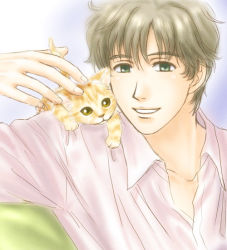 Rule 34 | 1boy, brown hair, cat, gradient background, green eyes, male focus, mari (matsurikasaku), short hair, smile, solo, tokimeki memorial, tokimeki memorial girl&#039;s side, tokimeki memorial girl&#039;s side 2nd kiss, wakaouji takafumi