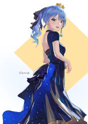 Rule 34 | 1girl, alternate costume, aqua hair, backless dress, backless outfit, blue dress, blue eyes, breasts, commentary, cowboy shot, crown, dress, eyelashes, from side, hair ribbon, highres, hololive, hoshimachi suisei, long dress, looking at viewer, medium breasts, medium hair, mini crown, open mouth, orange background, ribbon, short sleeves, side ponytail, simple background, smile, solo, twitter username, two-tone background, virtual youtuber, white background, zeradok