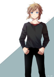 Rule 34 | 1boy, black pants, black shirt, blonde hair, blue eyes, character name, closed mouth, collarbone, commentary request, earrings, grey background, highres, jewelry, link, long sleeves, looking at viewer, male focus, nintendo, pants, pointy ears, seri (yuukasakura), shirt, short hair, smile, solo, standing, the legend of zelda, the legend of zelda: breath of the wild, thumb in pocket, two-tone background, white background