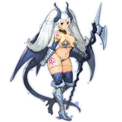 Rule 34 | 1girl, armlet, armor, armored boots, big hair, bikini armor, black horns, black wings, blunt bangs, boots, bracelet, breasts, circlet, cleavage, commentary, commission, detached sleeves, dragon girl, dragon horns, dragon tail, earrings, english commentary, facial tattoo, full body, gauntlets, gorget, gurimjang, halberd, high heel boots, high heels, highres, holding, holding polearm, holding weapon, horns, impossible clothes, jewelry, knee boots, large breasts, leg tattoo, long hair, low wings, original, pixiv commission, polearm, red eyes, shoulder tattoo, silver hair, solo, tail, tattoo, thick thighs, thighhighs, thighs, twintails, walking, weapon, white background, wings