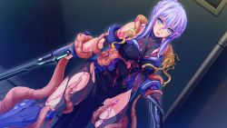 Rule 34 | 1girl, black pantyhose, brave hunter aoi, collarbone, covered erect nipples, dual wielding, female focus, game cg, holding, holding sword, holding weapon, imminent rape, include (studio), light purple hair, magical girl, okuno hazuki, open mouth, pantyhose, purple eyes, purple hair, restrained, slime, solo, sword, tentacles, tongue, torn clothes, torn pantyhose, weapon, yoshi hyuuma