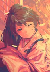 Rule 34 | 1girl, anchor print, black eyes, black hair, closed mouth, floral print, holding, houshou (kancolle), japanese clothes, kantai collection, kimono, leaf, long hair, looking at viewer, one eye closed, ponytail, sliding doors, smile, solo, tasuki, tomamatto, upper body