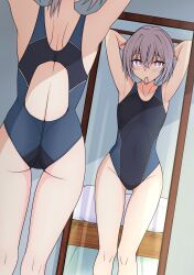 Rule 34 | 1girl, absurdres, alternate costume, armpits, arms behind head, arms up, ass, back, blue one-piece swimsuit, blush, breasts, bright pupils, collarbone, commentary request, competition swimsuit, covered navel, crossed bangs, feet out of frame, from behind, full-length mirror, girls&#039; frontline, gluteal fold, gotoo, grey hair, hair between eyes, hair tie in mouth, highleg, highleg one-piece swimsuit, highres, indoors, looking at viewer, m200 (girls&#039; frontline), medium hair, mirror, mouth hold, one-piece swimsuit, purple eyes, sidelocks, small breasts, solo, standing, swimsuit, tying hair, white pupils