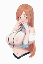 Rule 34 | 1girl, bleach, bleach: sennen kessen-hen, blush, breasts, detached collar, highres, huge breasts, inoue orihime, large breasts, long hair, navel, nipples visible through clothes, orange hair, shirt, striped clothes, striped shirt, tagme