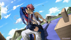 Rule 34 | 1boy, 1girl, abs, age difference, arm support, artist name, ass, bad id, bad pixiv id, bare arms, bare shoulders, basket, blanket, blue hair, blue sky, blush, closed eyes, cloud, couple, day, english text, facing another, fairy tail, floating hair, full body, grass, hair ornament, hands on another&#039;s face, hands on face, hands up, hetero, holding, jacket, keyliom, kiss, leaf, leaves, long hair, long sleeves, mountain, muscular, natsu dragneel, older man and younger girl, on grass, on ground, on lap, on person, outdoors, pants, pectorals, picnic, picnic basket, pink hair, pleated skirt, sample watermark, scarf, shirt, short hair, sitting, sitting on lap, sitting on person, skirt, sky, sleeveless, spiked hair, spread legs, straddling, thighhighs, tree, twintails, vest, watermark, wendy marvell, wind