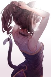 Rule 34 | 1girl, absurdres, adjusting hair, animal ears, arms up, bad id, bad pixiv id, black hair, breasts, cat ears, cat tail, from behind, gradient background, grey background, highres, karyl (princess connect!), long hair, medium breasts, ponytail, princess connect!, sleeveless, solo, suru (ksoo420), sweat, tail, white background